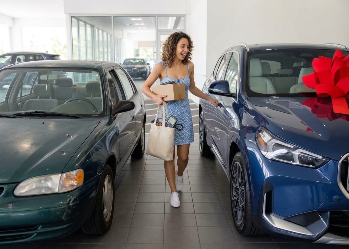 A couple picking up a new BMW with a bow on it next to their trade-in vehicle at a DMV-area dealership